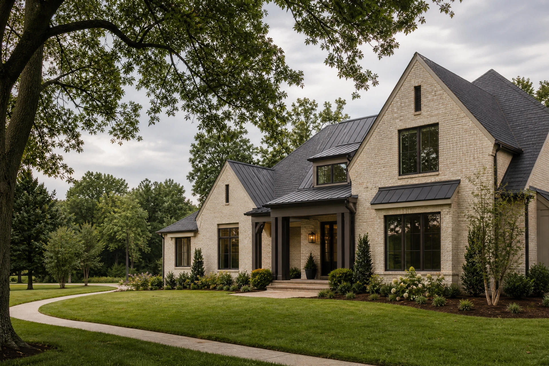 Light brick home with dark roof and landscaped front yard in Bethlehem Ridge